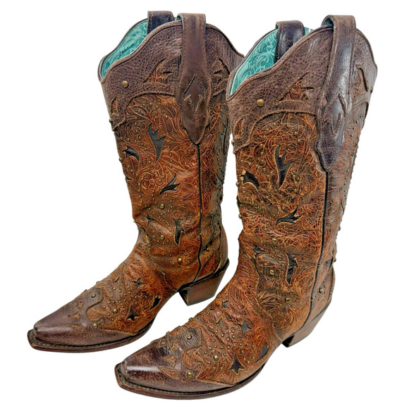 Corral Danna Western Boots Women Size 8 Floral Embossed Studded Pointed Snip Toe - Picture 1 of 13